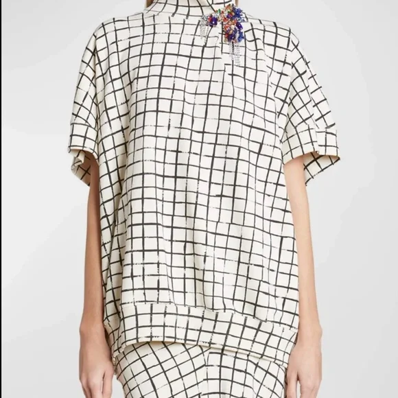Dries Van Noten Halovara Grid Print Blouse Sweatshirt  with Rhinestone Details - Picture 8 of 15
